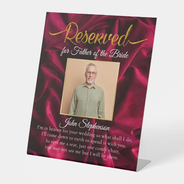 Chic Burgundy Save A Seat Photo Wedding Memorial Pedestal Sign (Front)