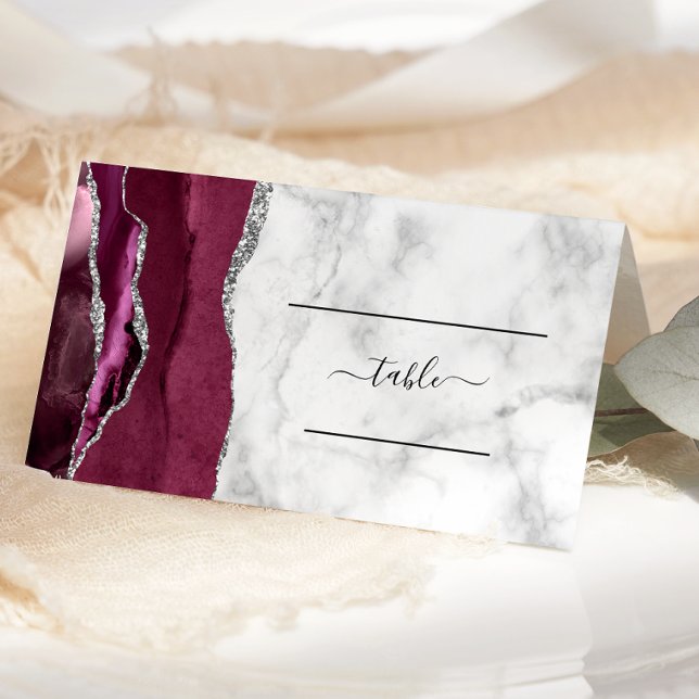 Chic Burgundy Silver Agate Marble Wedding Place Card (Creator Uploaded)