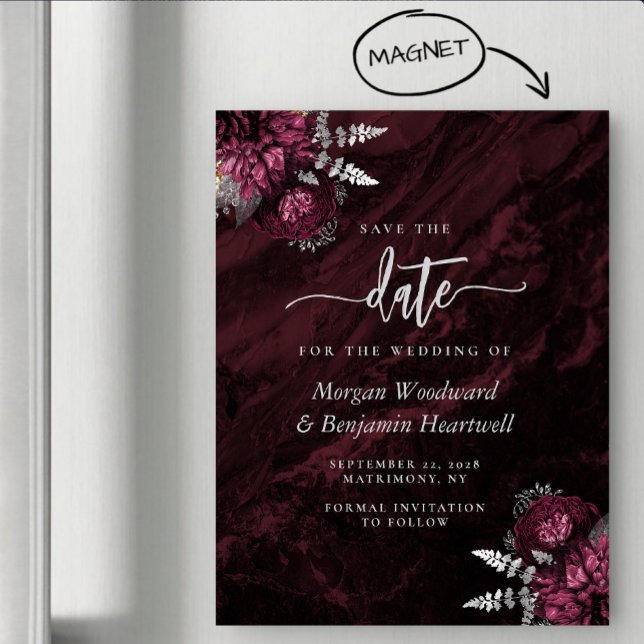 Chic Burgundy Silver Floral Wedding Save the Date Magnetic Invitation (Creator Uploaded)