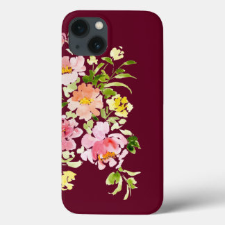 Chic burgundy watercolor floral flowers stylish iPhone 13 case