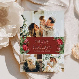 Chic Burgundy Watercolor Greenery 3 Photo Holiday Card