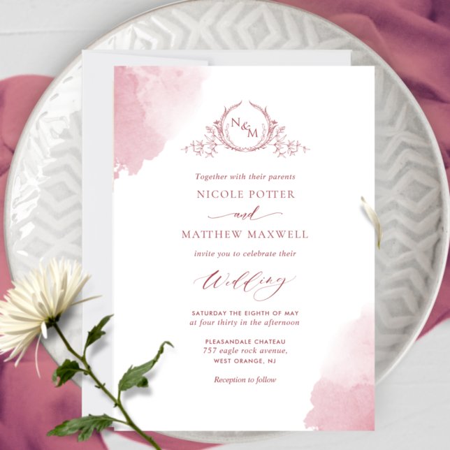 Chic Burgundy Watercolor Stains, Monogram Wedding Invitation (Creator Uploaded)