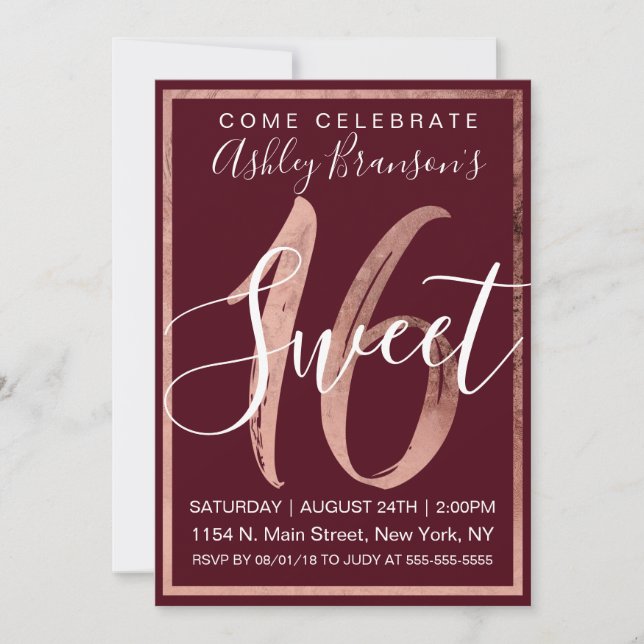 Chic Burgundy White Faux Rose Gold Foil Sweet 16 Invitation (Front)