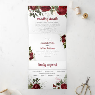 Chic Burgundy & White Floral Elegant Wedding Tri-Fold Invitation