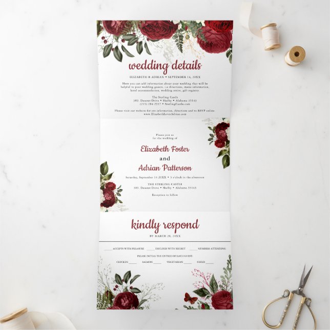 Chic Burgundy & White Floral Elegant Wedding Tri-Fold Invitation (Inside)