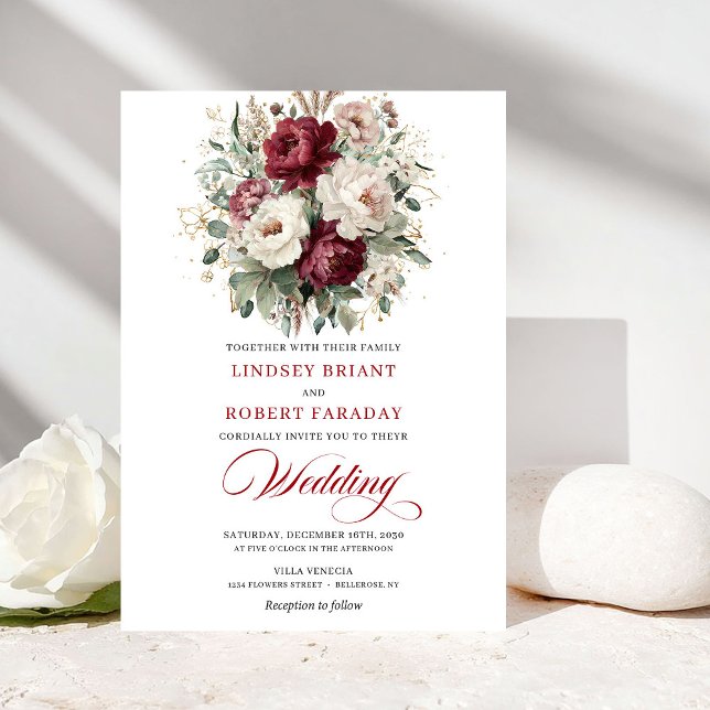 Chic Burgundy White Floral Eucalyptus Gold Wedding Invitation (Chic Burgundy White Floral Eucalyptus Wedding Invite)