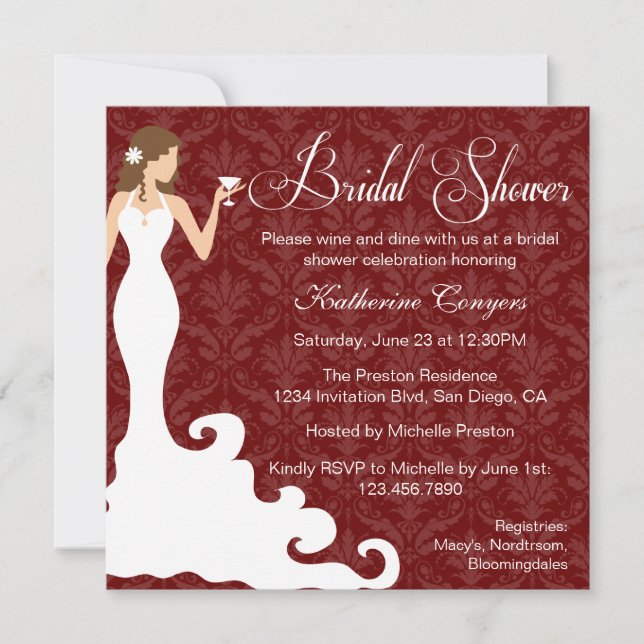 Chic Burgundy Wine Damask Bridal Shower Invitation (Front)