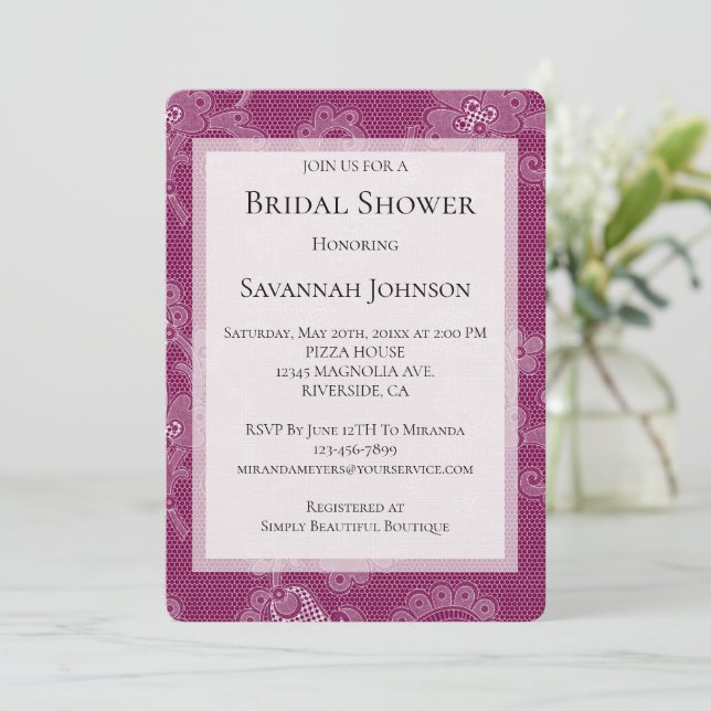 Chic Burgundy Wine White Lace Floral Bridal Shower Invitation (Standing Front)