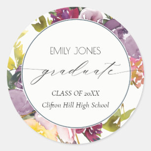 Chic Burgundy Yellow Pink Floral Photo Graduation Classic Round Sticker