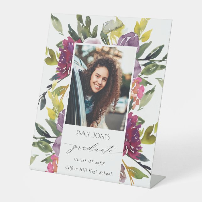 Chic Burgundy Yellow Pink Floral Photo Graduation Pedestal Sign (Front)