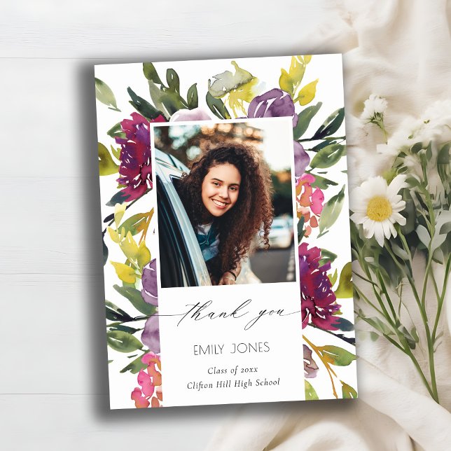 Chic Burgundy Yellow Pink Floral Photo Graduation Thank You Card (Creator Uploaded)