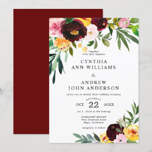 Chic Burgundy Yellow Watercolor Floral Wedding Invitation