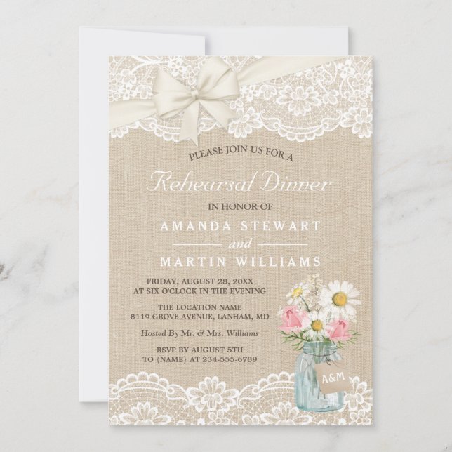 Chic Burlap Lace Floral Mason Jar Rehearsal Dinner Invitation (Front)