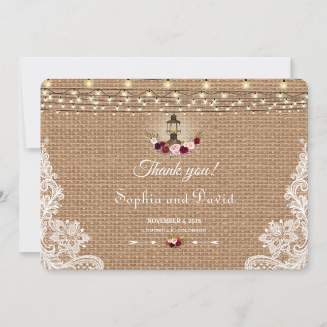 Chic Burlap Lace String Lights Wedding Thank you Card (Front)