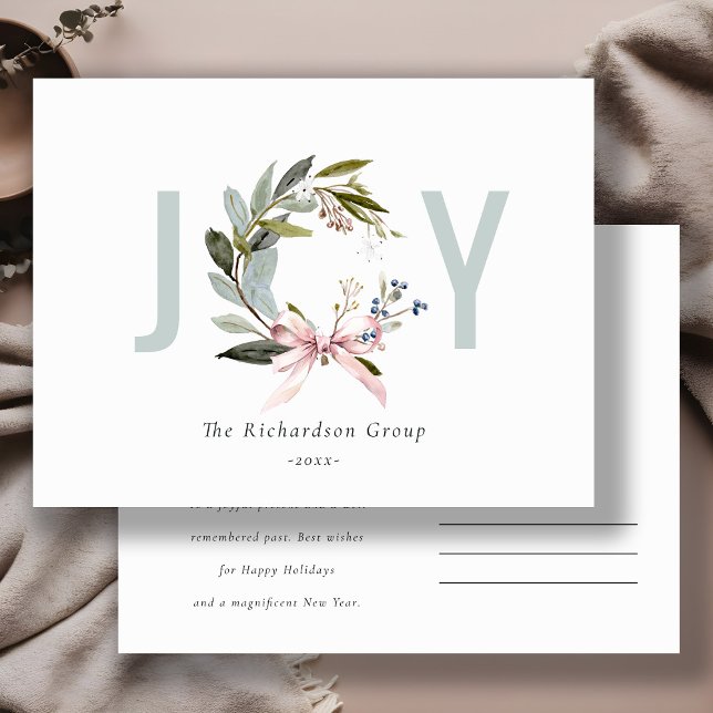 Chic Business Joy Winter Wreath Corporate Logo  Holiday Postcard (Creator Uploaded)