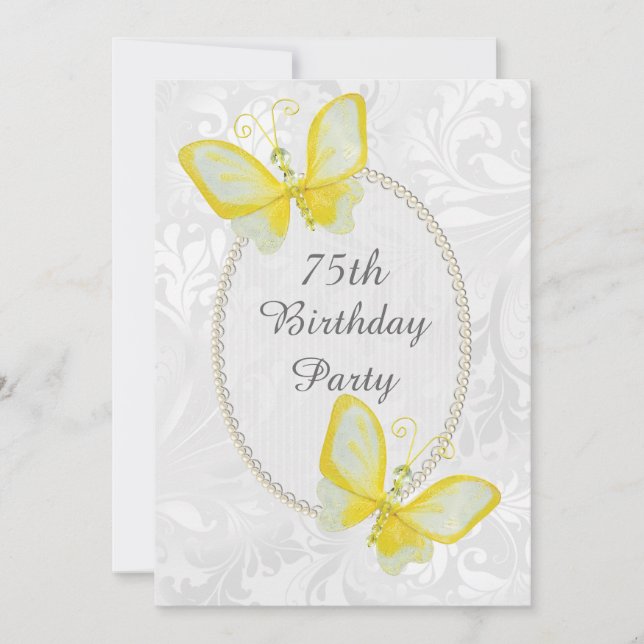 Chic Butterflies Damask 75th Birthday Double Sided Invitation (Front)