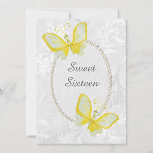 Chic Butterflies Damask Sweet Sixteen Double Sided Invitation