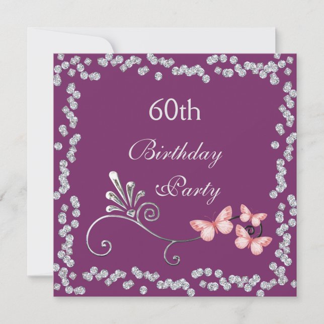 Chic Butterflies & Diamonds 60th Birthday Invitation (Front)