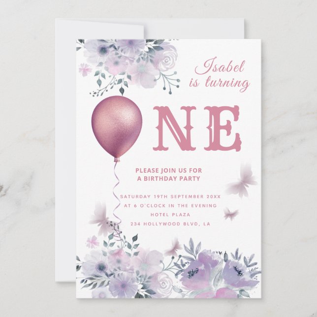 Chic Butterfly floral balloon lilac 1st birthday I Invitation (Front)