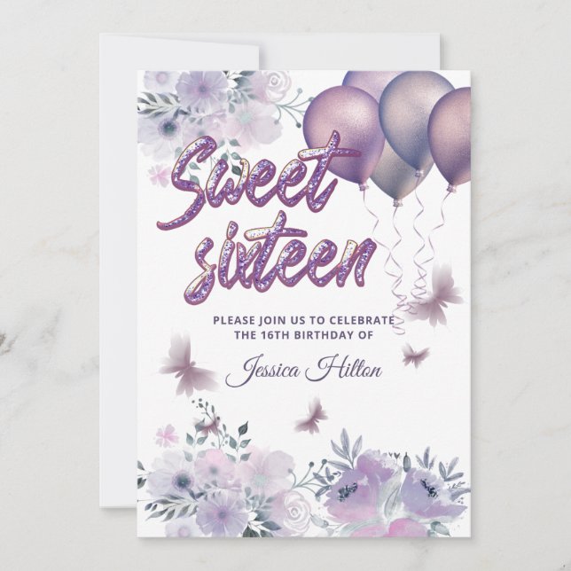 Chic Butterfly floral balloon lilac sweet sixteen  Invitation (Front)
