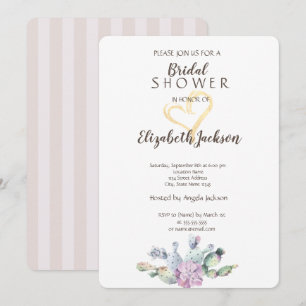 Chic Cactus Gold Glitter Heart  Bridal Shower Invitation