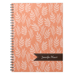 Chic Cadmium Orange Elegant Leaf Pattern and Name Notebook