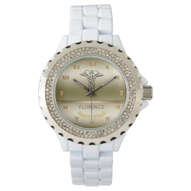 Chic Caduceus Symbol | RN Nurses Nursing Gold Glam Watch (Front)