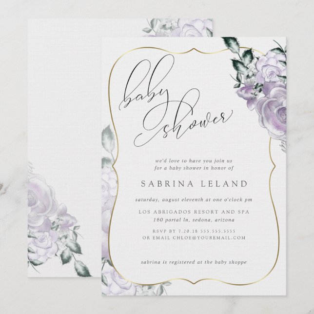 Chic Calligraphy Baby Shower Lavender Floral Rose Invitation (Front/Back)