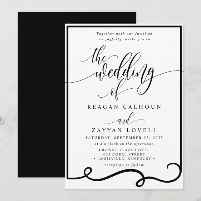 Chic Calligraphy Black and White Wedding Invitation (Front/Back)