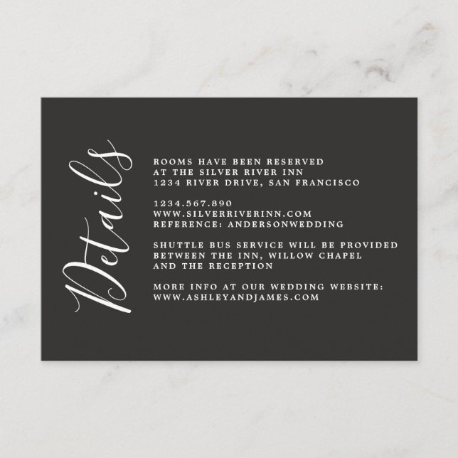 Chic Calligraphy Black Wedding Details Enclosure Card (Front)