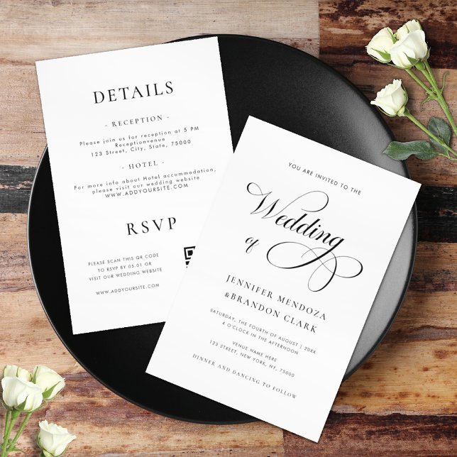 Chic Calligraphy Black & White All in One Wedding  Invitation (Creator Uploaded)