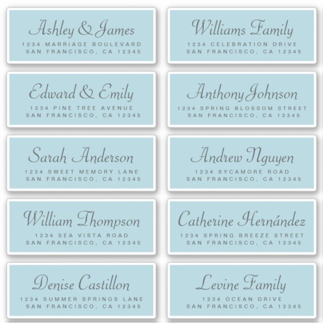 Chic Calligraphy Blue Guest Address Labels (Front)