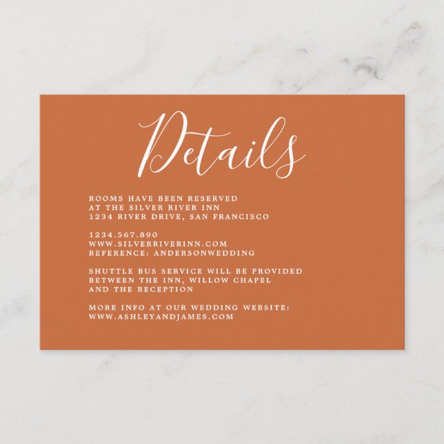 Chic Calligraphy Burnt Orange Wedding Details Enclosure Card (Front)