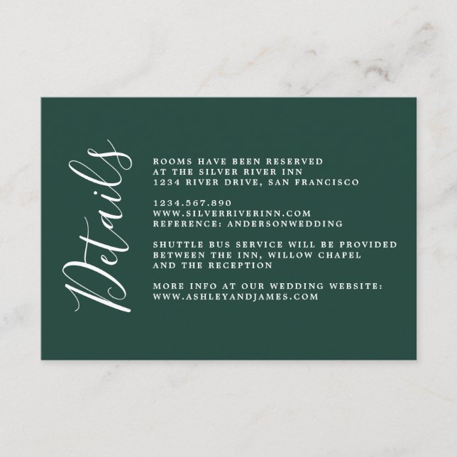 Chic Calligraphy Dark Green Wedding Details Enclosure Card (Front)