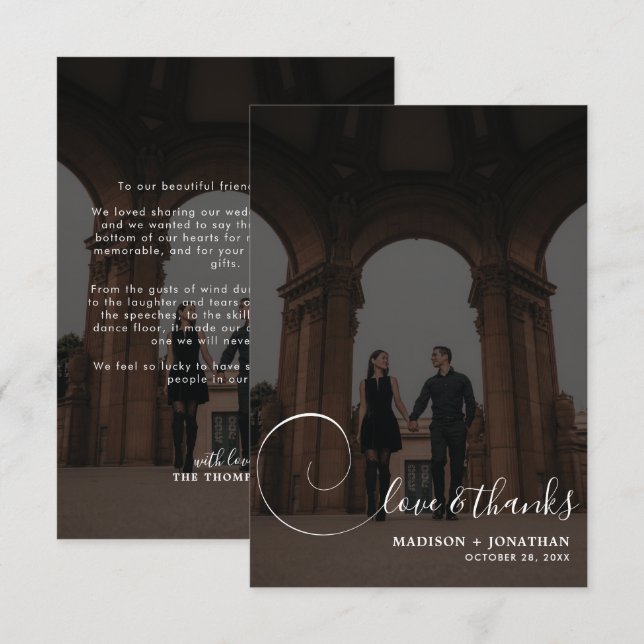 Chic Calligraphy Dark Grey 2 Photo Wedding Thank You Card (Front/Back)