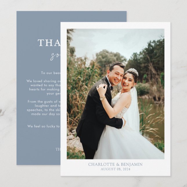 Chic Calligraphy Dusty Blue Script Photo Wedding  Thank You Card (Front/Back)