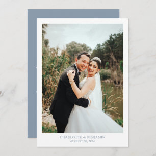 Chic Calligraphy Dusty Blue Script Photo Wedding  Thank You Card