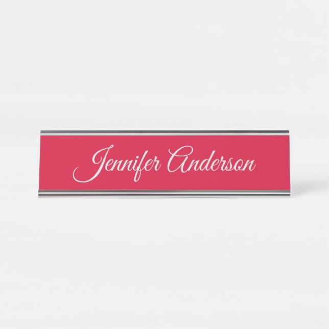 Chic Calligraphy Elegant Cherry Red Personalised Desk Name Plate (Front)