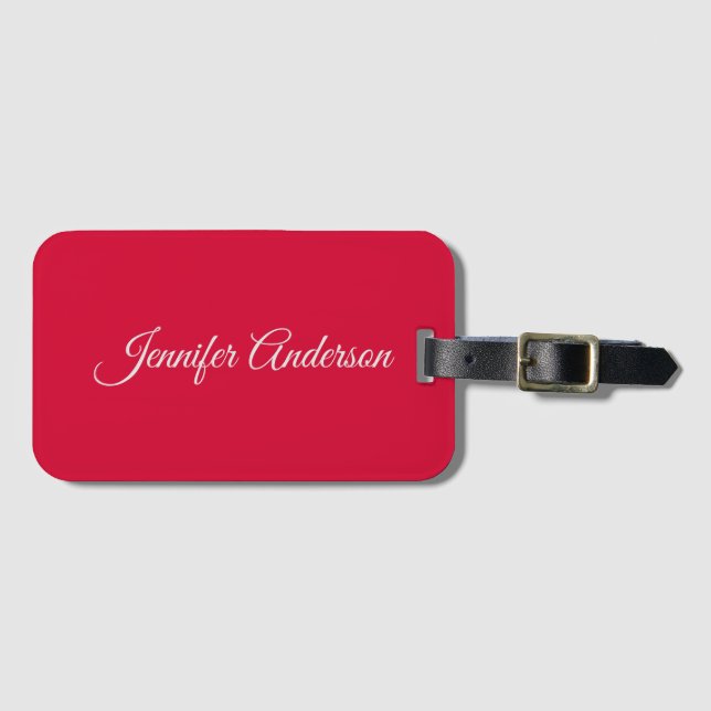 Chic Calligraphy Elegant Cherry Red Personalised Luggage Tag (Front Horizontal)