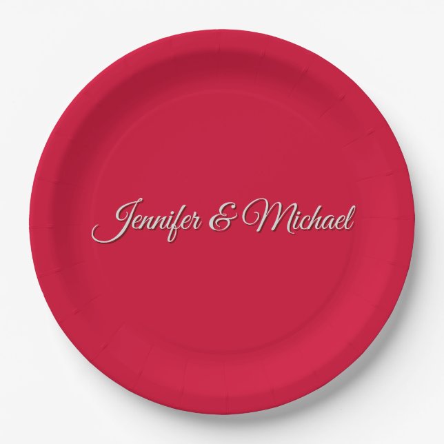 Chic Calligraphy Elegant Cherry Red Personalised Paper Plate (Front)