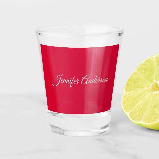 Chic Calligraphy Elegant Cherry Red Personalised Shot Glass (Front)