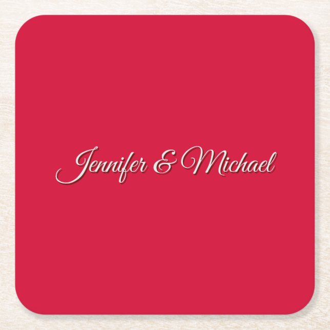 Chic Calligraphy Elegant Cherry Red Personalised Square Paper Coaster (Front)