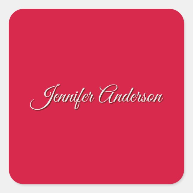 Chic Calligraphy Elegant Cherry Red Personalised Square Sticker (Front)