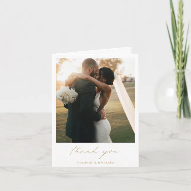 Chic Calligraphy Elegant Gold Simple Photo Wedding Thank You Card | Zazzle