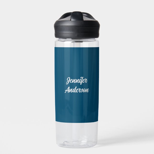 Chic Calligraphy Elegant Ocean Blue Personalised Water Bottle (Front)