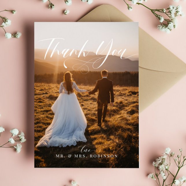 Chic Calligraphy Elegant Wedding Photo  Thank You Card (Creator Uploaded)