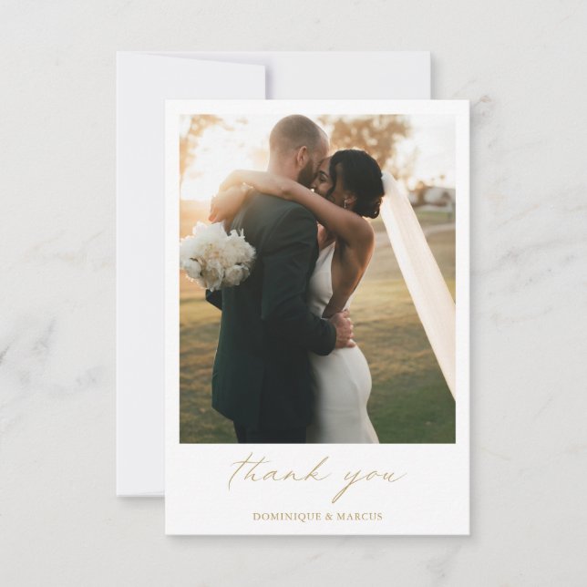 Chic Calligraphy Gold Elegant Photo Simple Wedding Thank You Card (Front)
