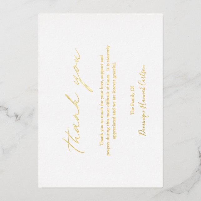 Chic Calligraphy Gold Foil Funeral Thank You Card (Front)