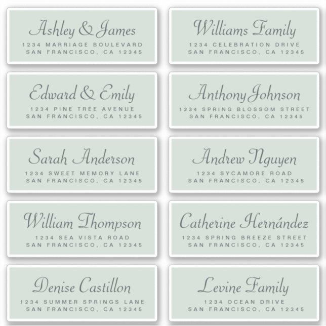 Chic Calligraphy Green Guest Address Labels (Front)
