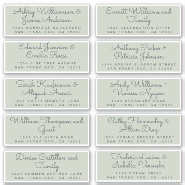 Chic Calligraphy Green Guest Address Labels (Front)